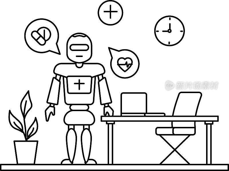 AI IOT虚拟医生机器人在线医生咨询概念矢量图标设计，机器人医学符号，医疗场景标志，创新人工智能工作在现代诊所插图